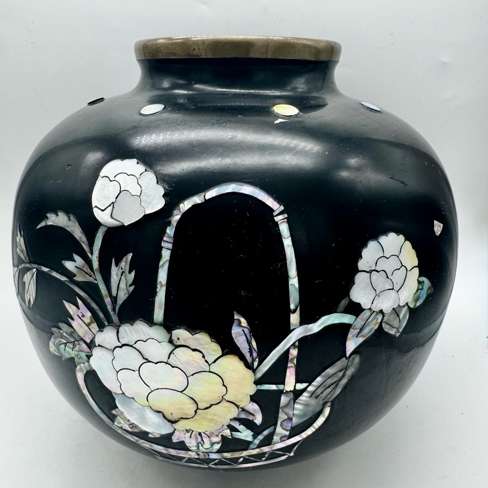 Elegant Black Floral Enamel On Metal Vase With Mother of Pearl Inlay 9”